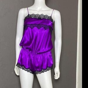 Victoria Secret Vintage Purple Lace Trim Satin Romper